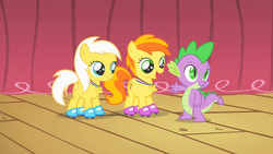 Size: 1280x720 | Tagged: safe, screencap, peachy pie, spike, sunny daze, pony, g4, the show stoppers, female, filly, roller skates