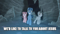 Size: 540x304 | Tagged: safe, edit, edited screencap, screencap, bacon braids, log jam, sunny song, earth pony, pony, unicorn, g4, the cutie map, animated, creepers, creepy, creepy smile, equal cutie mark, equalized, female, image macro, jehovah's witness, jesus christ, male, mare, meme, monochrome, op started shit, religion, religion in the comments, stallion, trio