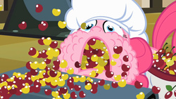 Size: 1280x720 | Tagged: safe, screencap, pinkie pie, earth pony, pony, g4, the last roundup, cherry, eating, female, full mouth, mare, open mouth, solo, yellow cherry