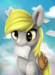 Size: 822x1125 | Tagged: safe, artist:rodrigues404, derpy hooves, pegasus, pony, g4, cute, female, letter, mail, mailbag, mailmare, mare, mouth hold, saddle bag, solo