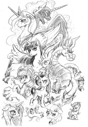 Size: 945x1365 | Tagged: safe, artist:kaijusamurai, applejack, coco pommel, discord, nightmare moon, princess celestia, rarity, scootaloo, spike, tank, twilight sparkle, alicorn, hydra, pony, g4, female, mare, monochrome, multiple heads, snow monster, spikezilla, traditional art, twilight sparkle (alicorn)