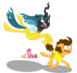 Size: 921x867 | Tagged: safe, artist:snowzahedghog, boneless, cheese sandwich, pinkie pie, queen chrysalis, g4, cheese, paint, paint on chitin, paintbrush, popcorn, queen swissalis