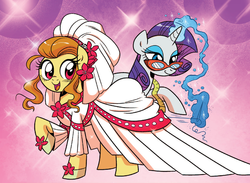 Size: 1400x1023 | Tagged: safe, artist:brenda hickey, idw, ginger gold (idw), rarity, earth pony, pony, unicorn, friends forever #19, g4, my little pony: friends forever, spoiler:comic, clothes, dress, duo, female, idw advertisement, magic, mare, telekinesis, wedding dress