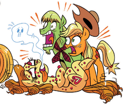 Size: 718x605 | Tagged: safe, idw, apple crisp, applejack, ginger gold (idw), touring wind, earth pony, pony, friends forever #19, g4, my little pony: friends forever, spoiler:comic, female, giving up the ghost, idw advertisement, male, mare, offscreen character, stallion