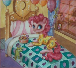 Size: 949x842 | Tagged: safe, artist:dirlcutto, gummy, pinkie pie, alligator, earth pony, pony, g4, bed, bedroom, candy, clothes, female, lollipop, male, mare, pajamas, pinkie's room, traditional art, watercolor painting