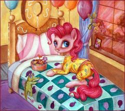Size: 949x842 | Tagged: safe, artist:dirlcutto, color edit, gummy, pinkie pie, alligator, earth pony, pony, g4, balloon, bed, bedroom, candy, clothes, female, lollipop, male, mare, midriff, pajamas, traditional art, watercolor painting
