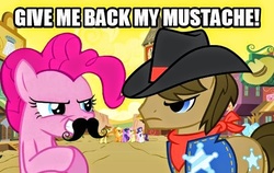 Size: 540x342 | Tagged: safe, pinkie pie, sheriff silverstar, earth pony, pony, g4, appleloosa, eye contact, fake moustache, female, frown, glare, grin, image macro, male, mare, meme, moustache, ponka po, smirk, stallion, unamused