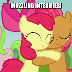 Size: 540x540 | Tagged: safe, screencap, apple bloom, babs seed, crimson gala, red gala, earth pony, pony, apple family reunion, g4, adorababs, adorabloom, animated, apple family member, bipedal, cute, eyes closed, female, hug, image macro, meme, misspelling, nuzzling, smiling, weapons-grade cute, x intensifies