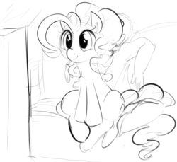 Size: 720x660 | Tagged: safe, artist:dotkwa, pinkie pie, oc, oc:anon, earth pony, human, pony, g4, behaving like a dog, couch, cute, female, grayscale, looking at something, mare, monochrome, ponk, sitting, sitting on lap, sketch, smiling, solo focus, television, watching