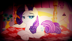 Size: 1920x1080 | Tagged: safe, artist:barrfind, artist:php11, artist:theholdenb12, rarity, pony, unicorn, g4, bed, bedroom, bedroom eyes, flower, horn, lying down, vector, wallpaper