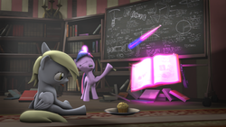 Size: 1920x1080 | Tagged: safe, artist:glaze15, derpy hooves, twilight sparkle, pegasus, pony, g4, 3d, book, bored, chalkboard, eyes closed, female, lecture, magic, mare, muffin, plate, pointer, science, sitting, source filmmaker, tongue out
