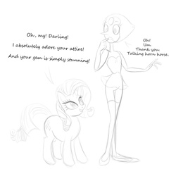 Size: 1280x1280 | Tagged: safe, artist:lil miss jay, rarity, gem (race), pony, unicorn, g4, crossover, dialogue, diamond and pearl, duo, duo female, female, gem, lineart, mare, monochrome, pearl, pearl (steven universe), simple background, sketch, skinny, steven universe, thin