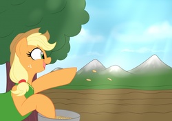 Size: 1280x908 | Tagged: safe, artist:badgerben, applejack, earth pony, pony, g4, winter wrap up, bucket, clothes, cowboy hat, farm, female, hat, mare, mountain, outdoors, plant team, seeds, solo, spring is here, stetson, tree, vest, winter wrap up vest