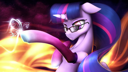 Size: 1280x719 | Tagged: safe, artist:oneofyouare, twilight sparkle, alicorn, pony, g4, clothes, female, glasses, mare, socks, solo, stockings, thigh highs, twilight sparkle (alicorn)