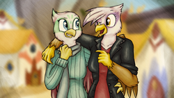 Size: 1920x1080 | Tagged: safe, artist:chipflake, gilda, greta, griffon, anthro, g4, clothes, female, grelda, griffonstone, jacket, lesbian, scarf, shipping, sweater