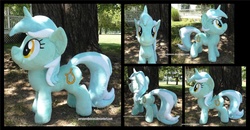 Size: 3368x1754 | Tagged: safe, artist:peruserofpieces, lyra heartstrings, pony, unicorn, g4, horn, irl, multiple views, outdoors, photo, plushie, solo, tree