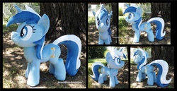 Size: 3405x1754 | Tagged: safe, artist:peruserofpieces, minuette, pony, unicorn, g4, irl, multiple views, outdoors, photo, plushie, solo, tree