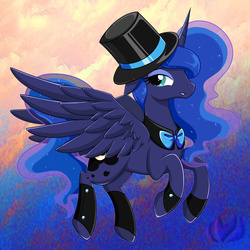 Size: 800x800 | Tagged: safe, artist:raininess, princess luna, alicorn, pony, g4, bowtie, classy, cute, female, hat, looking at you, mare, smiling, solo, top hat