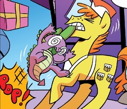 Size: 527x452 | Tagged: safe, artist:brenda hickey, edit, idw, carrot cake, spike, dragon, earth pony, pony, friends forever #19, g4, my little pony: friends forever, spoiler:comic, comic, face, male, mouth hold, out of context, stallion, swirly eyes, wat