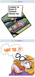 Size: 256x552 | Tagged: safe, idw, official comic, spike, dragon, derpibooru, friends forever #19, g4, my little pony: friends forever, spoiler:comic, exploitable meme, feather boa, juxtaposition, juxtaposition win, male, meme, meta, peril, railroad spike, rope, tied to tracks, tied up, train tracks