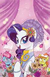 Size: 787x1195 | Tagged: safe, artist:brenda hickey, idw, carrot cake, cup cake, rarity, friends forever #19, g4, my little pony: friends forever, spoiler:comic, clothes, comic, cover, cute, dress, flower, idw advertisement, necklace, pearl, raribetes, tiara, veil, weapons-grade cute, wedding dress