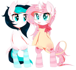 Size: 1033x959 | Tagged: safe, artist:sorasku, oc, oc only, oc:cruton, oc:sugar skull, classical unicorn, chibi, clothes, couple, female, holding hooves, horn, leonine tail, lesbian, scarf, shipping, socks, striped socks, tongue out