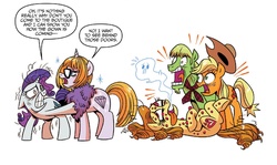 Size: 1396x834 | Tagged: safe, edit, idw, apple crisp, applejack, ginger gold (idw), rarity, touring wind, earth pony, ghost, pony, unicorn, friends forever #19, g4, my little pony: friends forever, spoiler:comic, comic, female, giving up the ghost, idw advertisement, male, mare, stallion