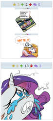 Size: 156x357 | Tagged: safe, idw, rarity, spike, touring wind, derpibooru, g4, spoiler:comic, exploitable meme, juxtaposition, juxtaposition win, meme, meta, peril, railroad spike, reaction image, rope, tied to tracks, tied up, train tracks