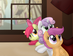 Size: 1159x884 | Tagged: safe, artist:faith-wolff, apple bloom, scootaloo, sweetie belle, earth pony, pegasus, pony, unicorn, fanfic:the bridge, g4, :o, crossover, cute, cutie mark crusaders, destoroyah, destoroyah (female), female, filly, foal, looking up, smiling, trio