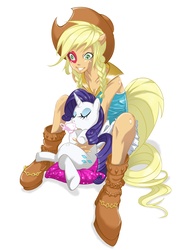 Size: 1654x2342 | Tagged: safe, artist:ddd1983, applejack, rarity, human, g4, cleavage, eared humanization, female, humanized, pillow, sitting, tailed humanization, tea, uncanny valley