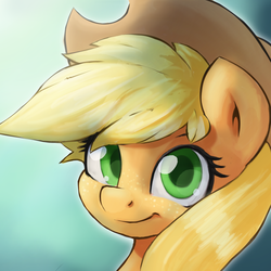 Size: 2243x2243 | Tagged: safe, artist:darksittich, applejack, g4, bust, colored pupils, cute, female, freckles, hat, head only, high res, jackabetes, looking at you, portrait, solo