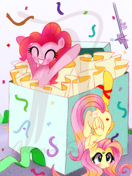 Size: 1128x1500 | Tagged: safe, artist:shikimaakemi, fluttershy, pinkie pie, pony, g4, micro, obtrusive watermark, pony in a box, present, watermark