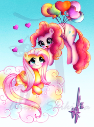 Size: 881x1200 | Tagged: safe, artist:shikimaakemi, fluttershy, pinkie pie, g4, balloon, female, lesbian, ship:flutterpie, shipping, then watch her balloons lift her up to the sky, watermark