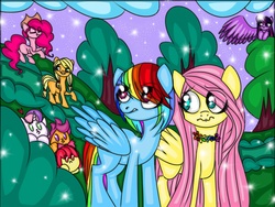 Size: 2048x1536 | Tagged: safe, artist:dolphininspace, apple bloom, applejack, fluttershy, pinkie pie, rainbow dash, scootaloo, sweetie belle, twilight sparkle, alicorn, pony, g4, alternate hairstyle, female, floral necklace, forest, frown, glowing eyes, hair over one eye, hat, hatless, heart, lesbian, missing accessory, ship:applepie, ship:flutterdash, shipping, smiling, spread wings, stars, twilight sparkle (alicorn)