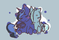 Size: 1280x878 | Tagged: safe, artist:ughshizuo, princess luna, trixie, pony, unicorn, g4, blushing, female, lesbian, luxie, mare, shipping