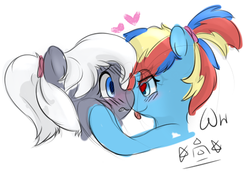 Size: 500x350 | Tagged: safe, artist:walthooves, oc, oc only, blushing, female, heart, lesbian, tongue out
