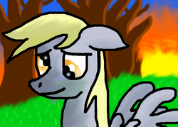 Size: 700x500 | Tagged: safe, artist:jackleapp, derpy hooves, pegasus, pony, g4, autumn, cute, derp, fanart, female, floppy ears, mare, smiling, solo, sun, sunset