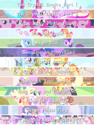 Size: 540x714 | Tagged: safe, artist:your-pretty-cupcake, edit, edited screencap, screencap, apple bloom, applejack, babs seed, bon bon, discord, fluttershy, gummy, lyra heartstrings, opalescence, pinkie pie, princess cadance, rainbow dash, rarity, scootaloo, spike, sweetie belle, sweetie drops, trixie, twilight sparkle, winona, alicorn, dragon, pony, apple family reunion, g4, games ponies play, just for sidekicks, keep calm and flutter on, magic duel, magical mystery cure, one bad apple, sleepless in ponyville, spike at your service, the crystal empire, too many pinkie pies, wonderbolts academy, cutie mark crusaders, male, mane six, part of a series, text, twilight sparkle (alicorn)