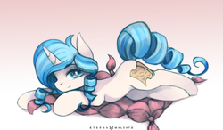 Size: 1100x644 | Tagged: safe, artist:foxinshadow, oc, oc only, oc:opuscule antiquity, pony, unicorn, bedroom eyes, cushion, female, looking at you, mare, pillow, prone, smiling, solo