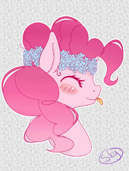 Size: 600x800 | Tagged: safe, artist:xsnowdropx, part of a set, pinkie pie, g4, :p, blushing, cute, diapinkes, ear fluff, eyes closed, female, floral head wreath, flower, flower in hair, portrait, profile, solo, tongue out
