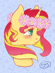 Size: 600x800 | Tagged: safe, artist:xsnowdropx, part of a set, sunset shimmer, pony, unicorn, g4, female, floral head wreath, flower, flower in hair, portrait, solo