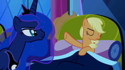 Size: 1280x720 | Tagged: safe, edit, edited screencap, screencap, applejack, princess luna, do princesses dream of magic sheep, g4, bed, inverted mouth