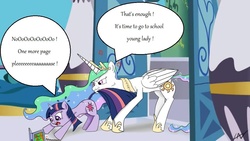 Size: 1024x576 | Tagged: safe, artist:lan-x, daring do, princess celestia, twilight sparkle, g4, canterlot, humor, momlestia, sketch