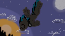 Size: 1280x720 | Tagged: safe, artist:adrian blue, oc, oc only, flying, goggles, headphones, solo