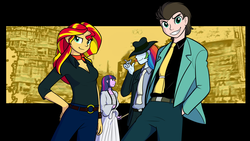 Size: 3840x2160 | Tagged: safe, artist:furrgroup, rainbow dash, sunset shimmer, twilight sparkle, oc, oc:theotakux, equestria girls, g4, crossover, daisuke jigen, fujiko mine, goemon ishikawa xiii, high res, lupin the 3rd