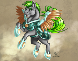 Size: 1008x792 | Tagged: safe, artist:cybercat, artist:ralloonx, oc, oc only, oc:long path, earth pony, pony, fanfic:a different perspective, armor, artificial wings, augmented, fanfic art, mechanical wing, solo, wings