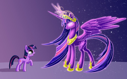 Size: 2000x1250 | Tagged: safe, artist:starbat, twilight sparkle, alicorn, pony, unicorn, journey of the spark, g4, big crown thingy, concept art, element of magic, ethereal mane, female, filly, filly twilight sparkle, glowing eyes, hilarious in hindsight, jewelry, mare, older, older twilight, peytral, regalia, self ponidox, spread wings, starry mane, stars, twilight sparkle (alicorn), ultimate twilight, unicorn twilight, vision, wings, younger