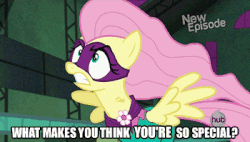 Size: 350x199 | Tagged: safe, artist:tenaflyviper, edit, edited screencap, screencap, fluttershy, saddle rager, g4, power ponies (episode), animated, female, image macro, meme, power ponies, solo, text