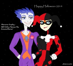 Size: 3272x2976 | Tagged: safe, artist:allamericanchic, flash sentry, sunset shimmer, equestria girls, g4, barely pony related, batman, batman the animated series, crossover, female, halloween, harley quinn, high res, humanized, male, ship:flashimmer, shipping, straight, the joker