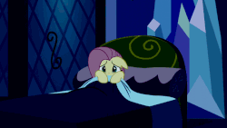 Size: 800x450 | Tagged: safe, edit, screencap, fluttershy, pegasus, pony, do princesses dream of magic sheep, g4, season 5, animated, bed, cowering, dark, female, loop, nervous, scared, shaking, solo